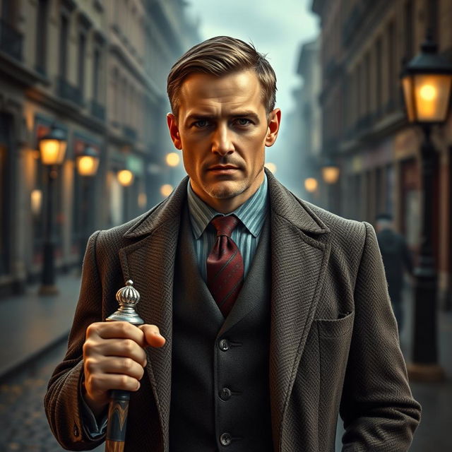 A handsome 45 year old male British detective, depicted as an Inspector in a classic tweed suit