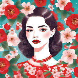 Illustration of a lovely girl with sparkling eyes, cherry red lips, and a vibrant outfit, surrounded by blooming flowers.