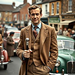 A handsome 45 year old British man dressed in a classic tweed suit, exuding charm and sophistication