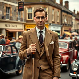A handsome 45 year old British man dressed in a classic tweed suit, exuding charm and sophistication