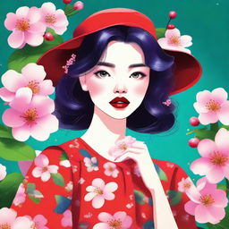 Illustration of a lovely girl with sparkling eyes, cherry red lips, and a vibrant outfit, surrounded by blooming flowers.