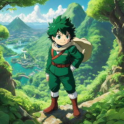 Midoriya from My Hero Academia portrayed in a Studio Ghibli setting, dressed in his hero costume amidst a lush landscape.