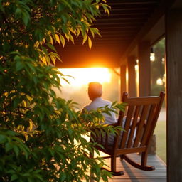 A serene author profile photo featuring the back of a man sitting on a rustic porch