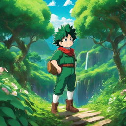 Midoriya from My Hero Academia portrayed in a Studio Ghibli setting, dressed in his hero costume amidst a lush landscape.