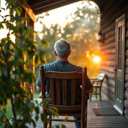 A serene author profile photo featuring the back of a man sitting on a rustic porch