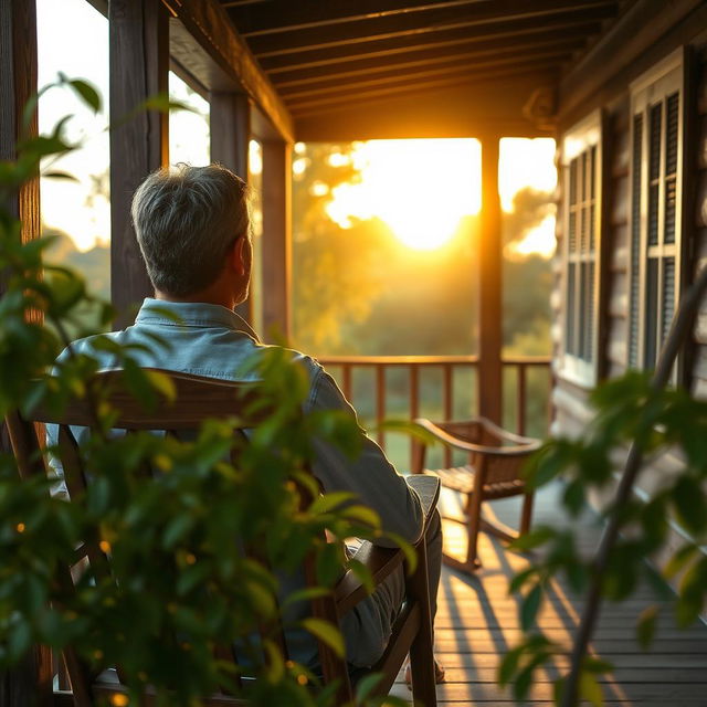 A serene author profile photo featuring the back of a man sitting on a rustic porch