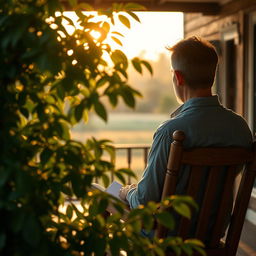 A serene author profile photo featuring the back of a man sitting on a rustic porch