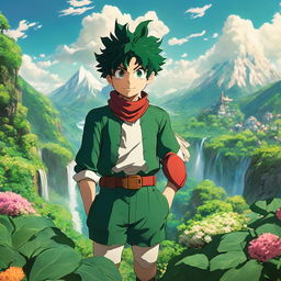 Midoriya from My Hero Academia portrayed in a Studio Ghibli setting, dressed in his hero costume amidst a lush landscape.