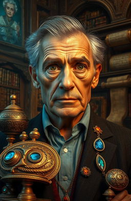 A surreal portrait of Linch, a middle-aged man with an intriguing appearance