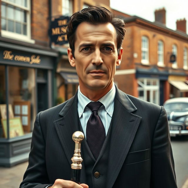 A handsome 45 year old British man with dark hair, dressed in a smart dark suit, holding a silver topped cane in one hand, standing confidently on a charming 1950s street