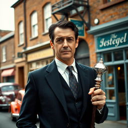 A handsome 45 year old British man with dark hair, dressed in a smart dark suit, holding a silver topped cane in one hand, standing confidently on a charming 1950s street