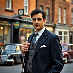 A handsome 45 year old British man with dark hair, dressed in a smart dark suit, holding a silver topped cane in one hand, standing confidently on a charming 1950s street