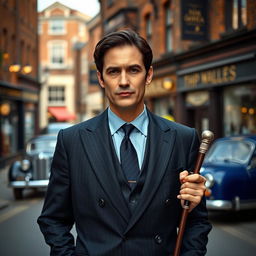 A handsome 45 year old British man with dark hair, dressed in a smart dark suit, holding a silver topped cane in one hand, standing confidently on a charming 1950s street