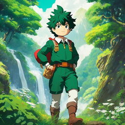 Midoriya from My Hero Academia portrayed in a Studio Ghibli setting, dressed in his hero costume amidst a lush landscape.