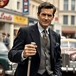 A handsome 45-year-old British man with dark hair, dressed impeccably in a smart dark suit