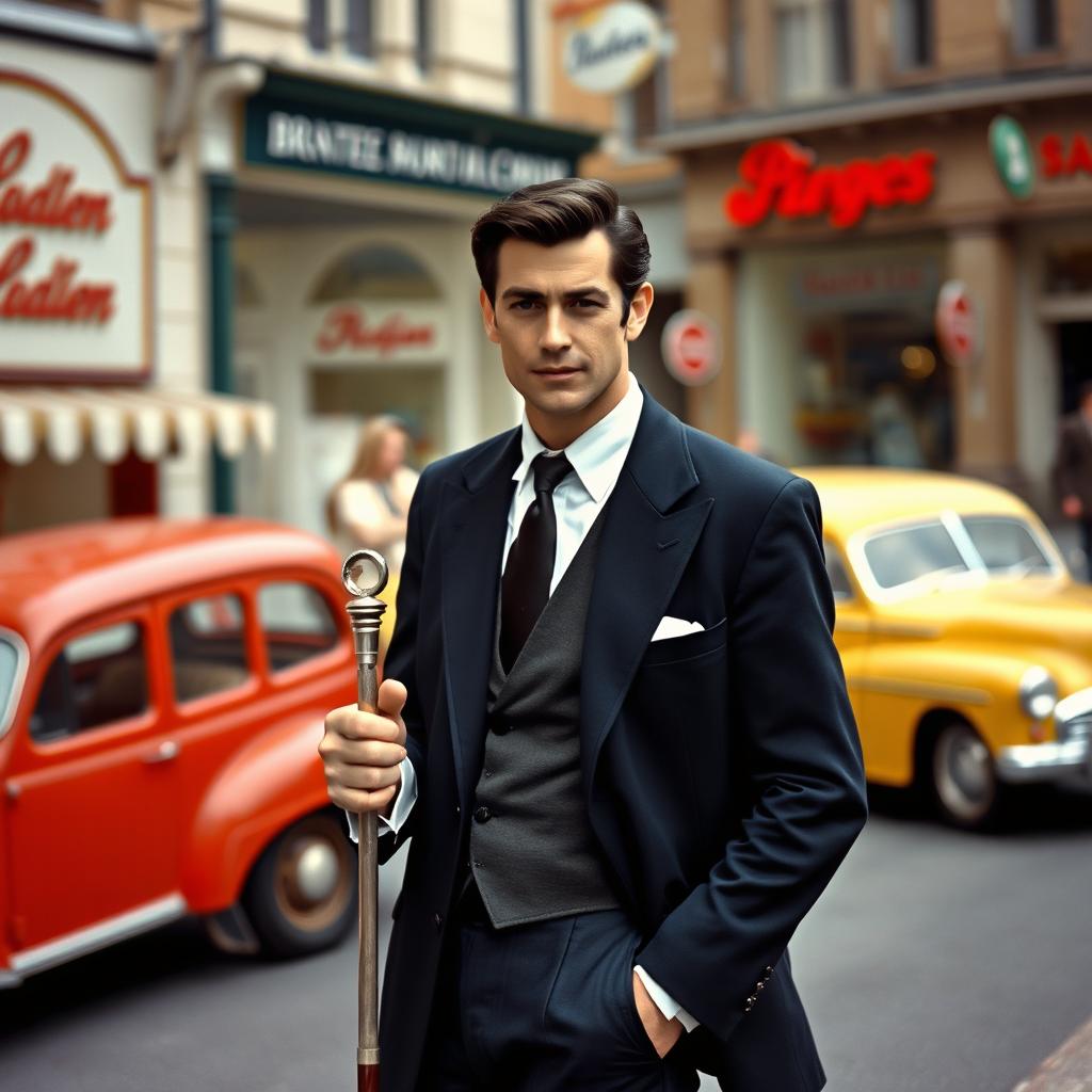 A handsome 45-year-old British man with dark hair, dressed impeccably in a smart dark suit