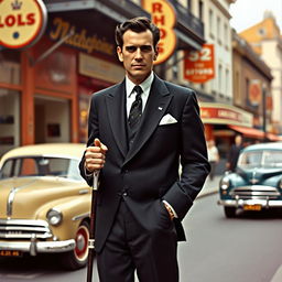 A handsome 45-year-old British man with dark hair, dressed impeccably in a smart dark suit