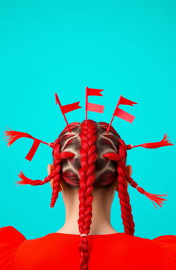 A striking visual featuring a vibrant teal background that contrasts beautifully with a stunning display of braided hair in bright red