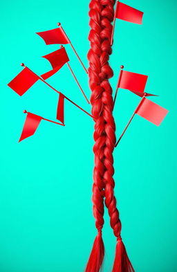 A striking visual featuring a vibrant teal background that contrasts beautifully with a stunning display of braided hair in bright red