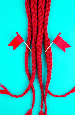 A striking visual featuring a vibrant teal background that contrasts beautifully with a stunning display of braided hair in bright red