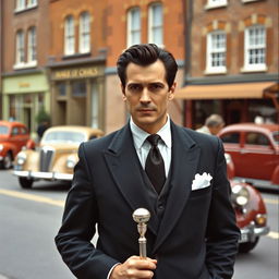 A handsome 45 year old British man with dark hair, elegantly dressed in a smart dark suit, standing on a 1950s street