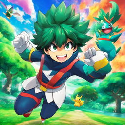 Midoriya from My Hero Academia in a Pokemon setting, dressed in his hero costume amidst a vibrant landscape.