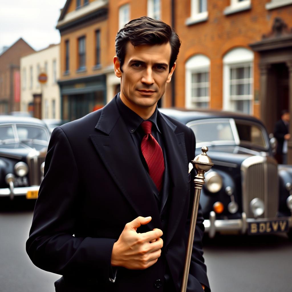 A handsome 45 year old British man with dark hair, elegantly dressed in a smart dark suit, standing on a 1950s street