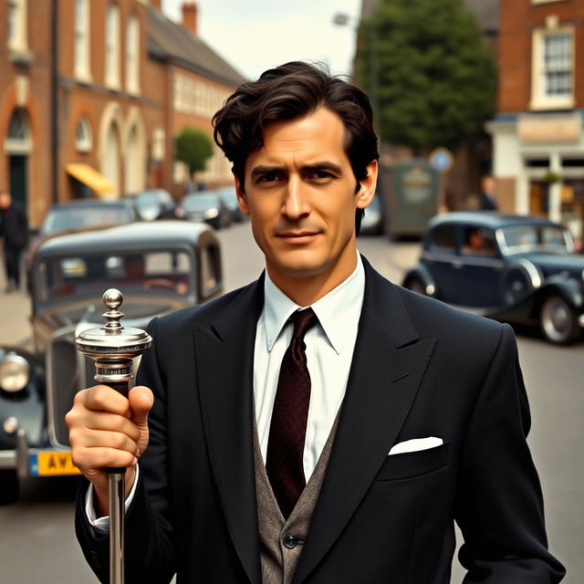 A handsome 45 year old British man with dark hair, elegantly dressed in a smart dark suit, standing on a 1950s street