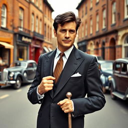 A handsome 45 year old British man with dark hair, elegantly dressed in a smart dark suit, standing on a 1950s street