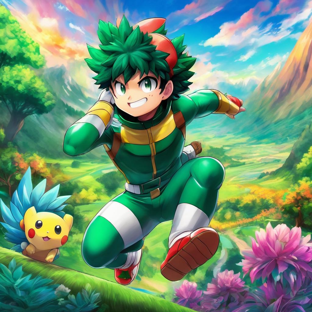 Midoriya from My Hero Academia in a Pokemon setting, dressed in his hero costume amidst a vibrant landscape.