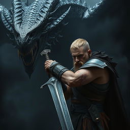 A wounded warrior leaning heavily on his sword, showcasing a look of determination and resilience, as he faces a massive, menacing black dragon