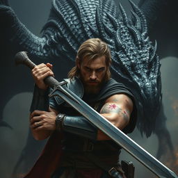 A wounded warrior leaning heavily on his sword, showcasing a look of determination and resilience, as he faces a massive, menacing black dragon