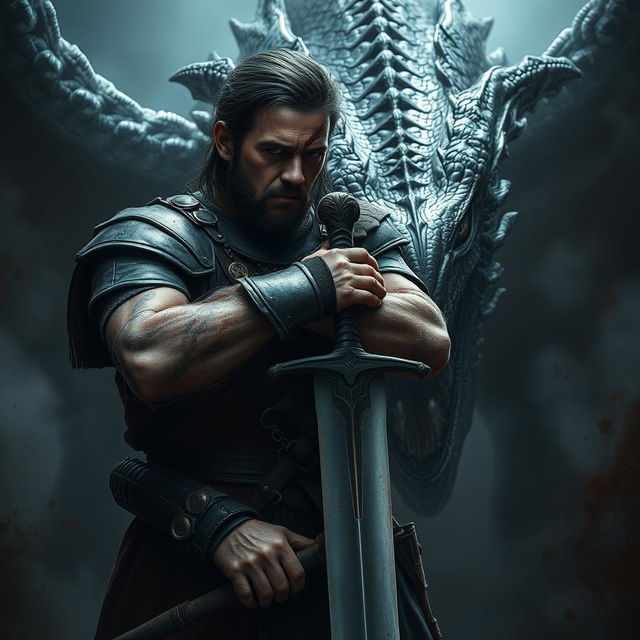 A wounded warrior leaning heavily on his sword, showcasing a look of determination and resilience, as he faces a massive, menacing black dragon