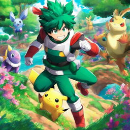 Midoriya from My Hero Academia in a Pokemon setting, dressed in his hero costume amidst a vibrant landscape.