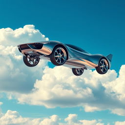 A futuristic flying car soaring through a vibrant, blue sky, equipped with stylish 24-inch chrome wheels that gleam in the sunlight