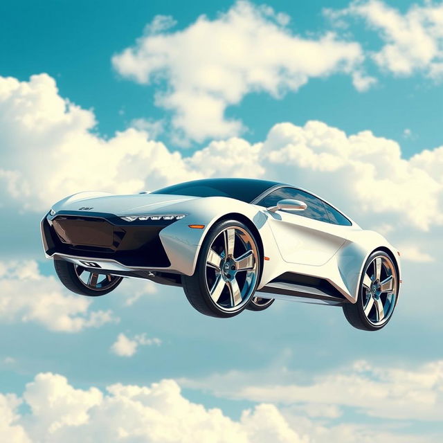 A futuristic flying car soaring through a vibrant, blue sky, equipped with stylish 24-inch chrome wheels that gleam in the sunlight