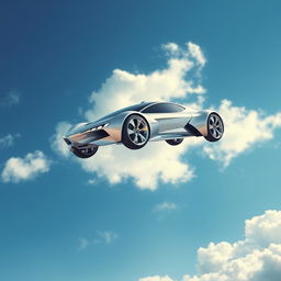 A futuristic flying car soaring through a vibrant, blue sky, equipped with stylish 24-inch chrome wheels that gleam in the sunlight