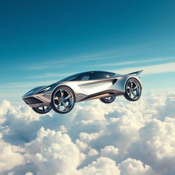 A futuristic flying car soaring through a vibrant, blue sky, equipped with stylish 24-inch chrome wheels that gleam in the sunlight
