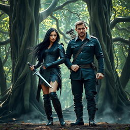 A badass couple standing confidently in a dense, mystical forest