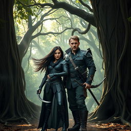 A badass couple standing confidently in a dense, mystical forest