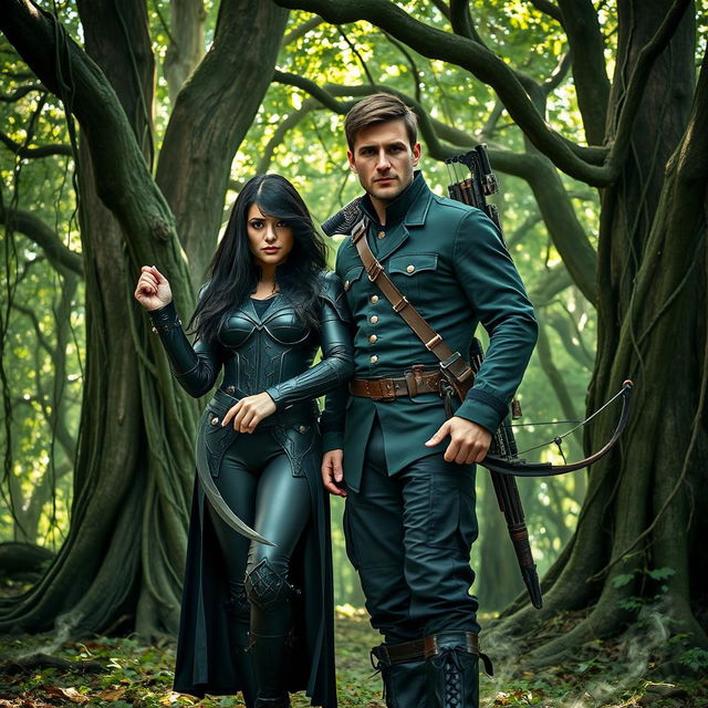 A badass couple standing confidently in a dense, mystical forest