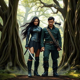 A badass couple standing confidently in a dense, mystical forest