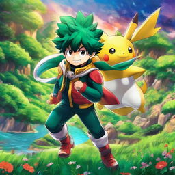 Midoriya from My Hero Academia in a Pokemon setting, dressed in his hero costume amidst a vibrant landscape.