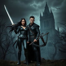 A badass couple standing bravely in a dark, eerie forest, with a towering castle looming ominously in the background
