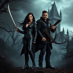 A badass couple standing bravely in a dark, eerie forest, with a towering castle looming ominously in the background