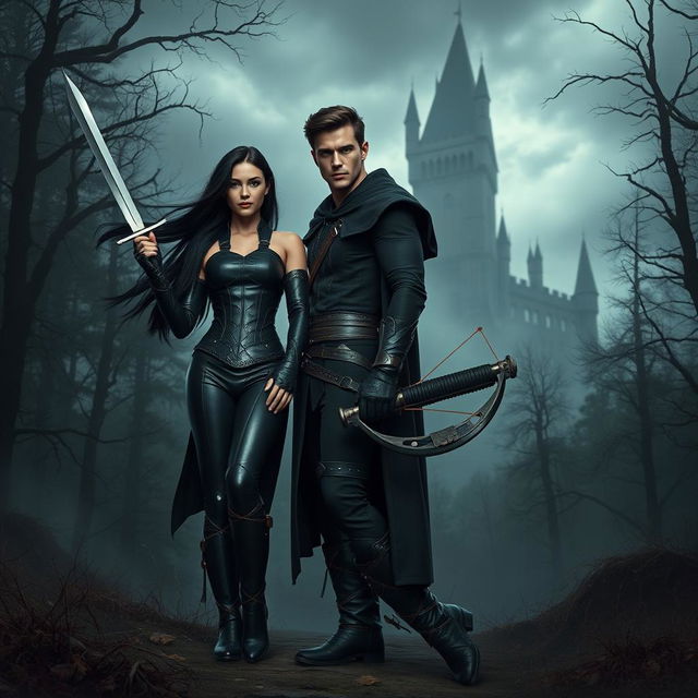 A badass couple standing bravely in a dark, eerie forest, with a towering castle looming ominously in the background