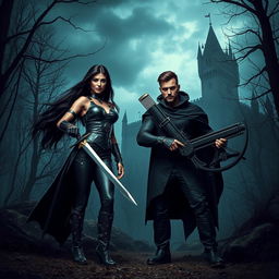 A badass couple standing bravely in a dark, eerie forest, with a towering castle looming ominously in the background