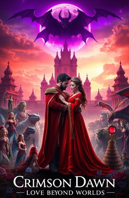 A breathtaking cinematic novel cover titled 'Crimson Dawn: Love Beyond Worlds'