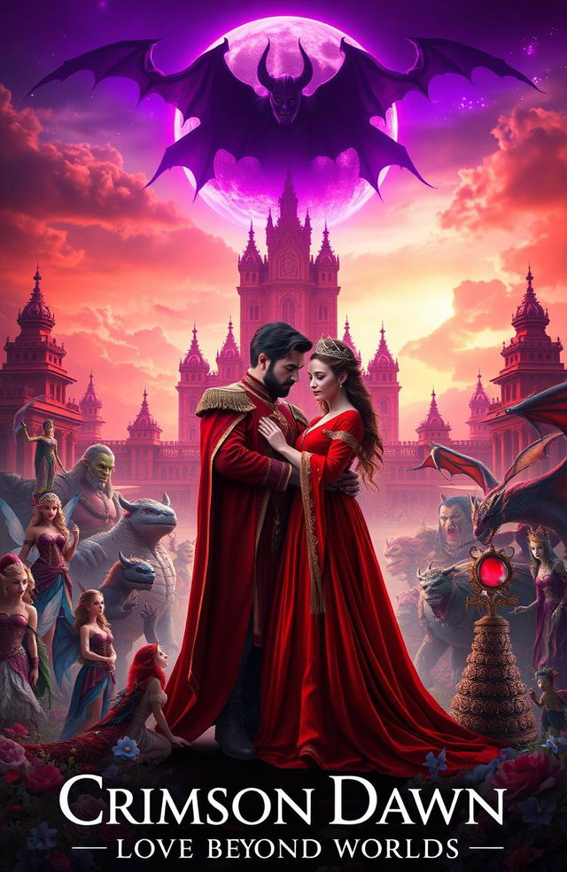 A breathtaking cinematic novel cover titled 'Crimson Dawn: Love Beyond Worlds'