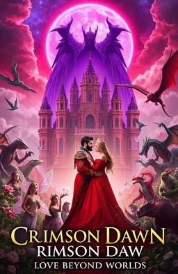 A breathtaking cinematic novel cover titled 'Crimson Dawn: Love Beyond Worlds'